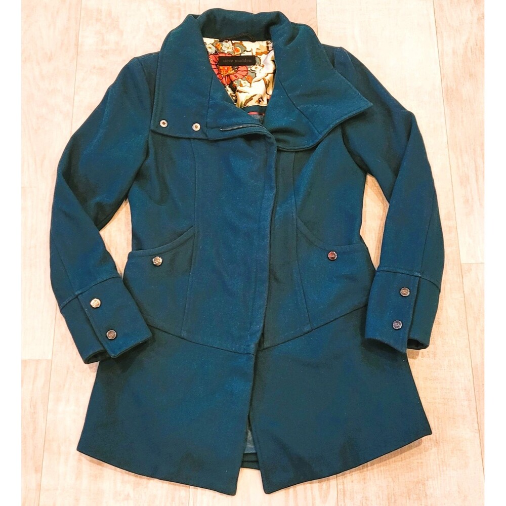 Steve Madden Womens Green Zip Wool Blend Coat Size M Peacoat Snap Pockets Warm